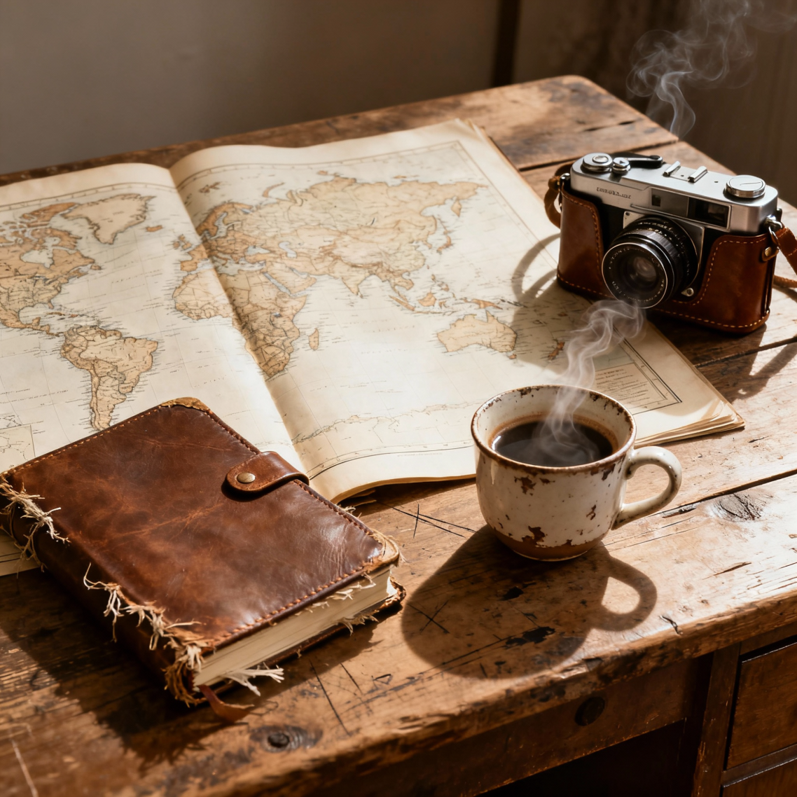 Kaffeetasse, Notizbuch, Kamera und Weltkarte auf einem Holztisch.