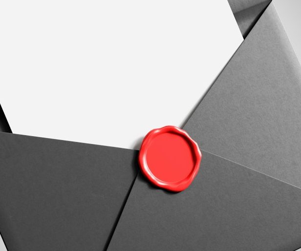 Schwarze und weiße Umschläge mit einem roten Wachssiegel.