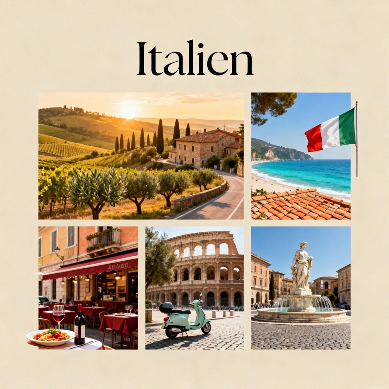 Vielfältige italienische Landschaften, Architektur und Kultur in sechs Bildern.