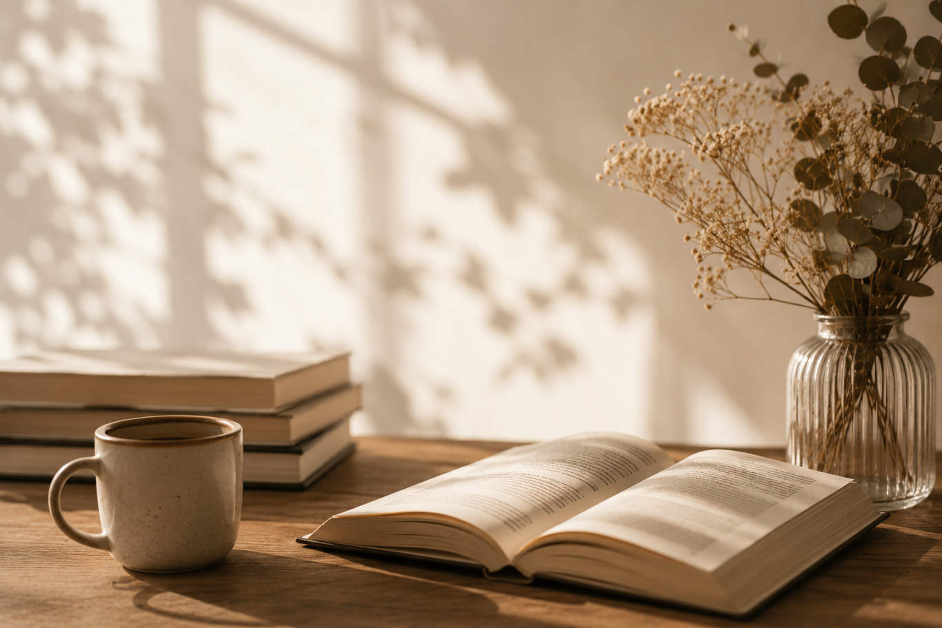 Offenes Buch auf einem Holztisch, umgeben von einer Tasse Kaffee und getrockneten Blumen.